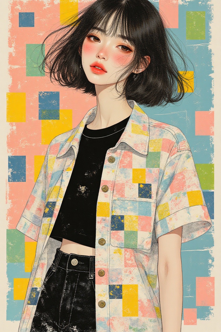 A vibrant poster art trading card featuring a Japanese woman with bob hair,  styled as a mosaic masterpiece. She stands in...