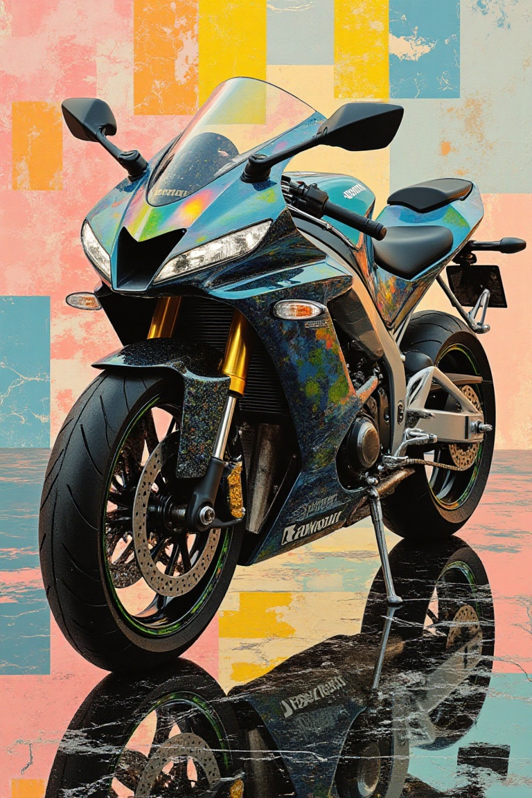 A striking poster art trading card featuring a Kawasaki super motorbike in a stylish mosaic design. The composition captur...