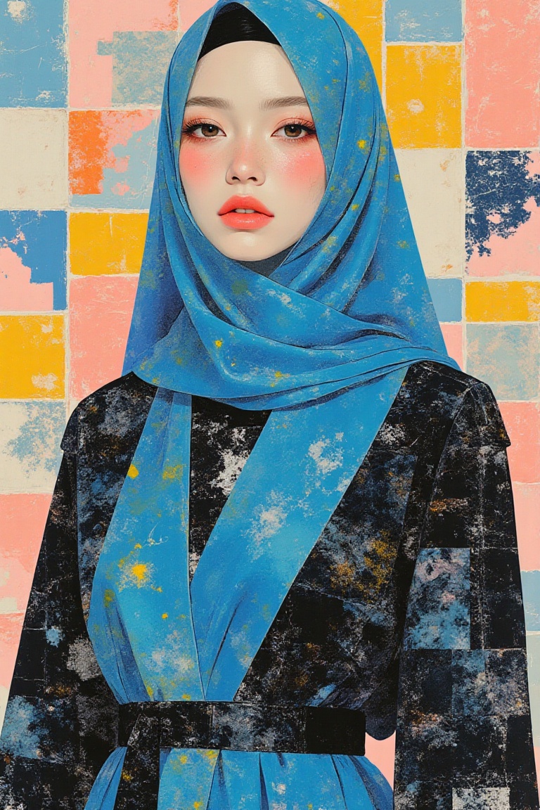 A stylish mosaic tile poster art trading card featuring a Malay woman wearing a hijab and an abaya in electric blue tones....