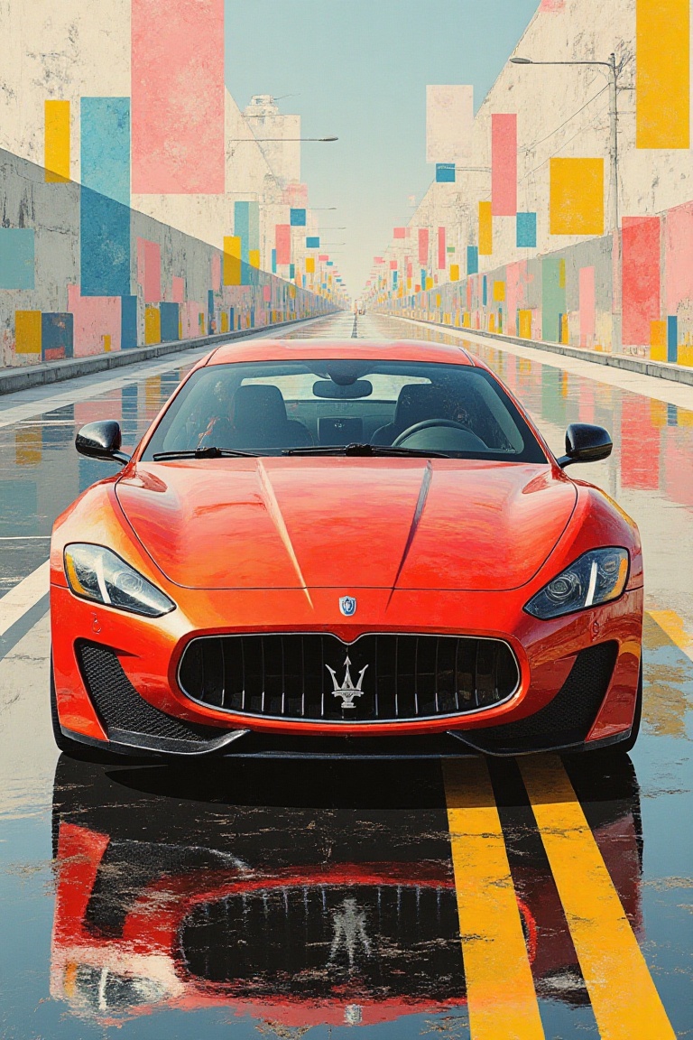 A vibrant poster art trading card featuring a luxurious red Maserati in a dynamic road photoshoot. The composition showcas...