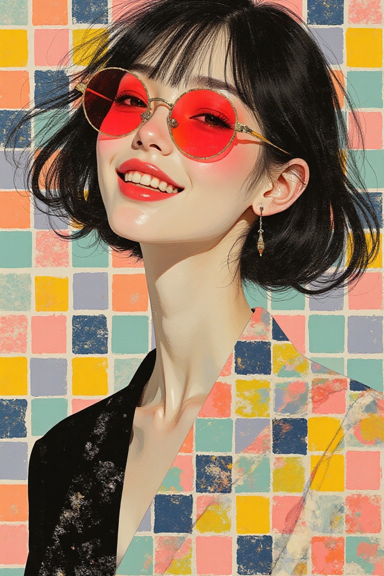 A vibrant poster art trading card featuring a stylish woman with red glasses,  exuding happiness. The composition showcase...