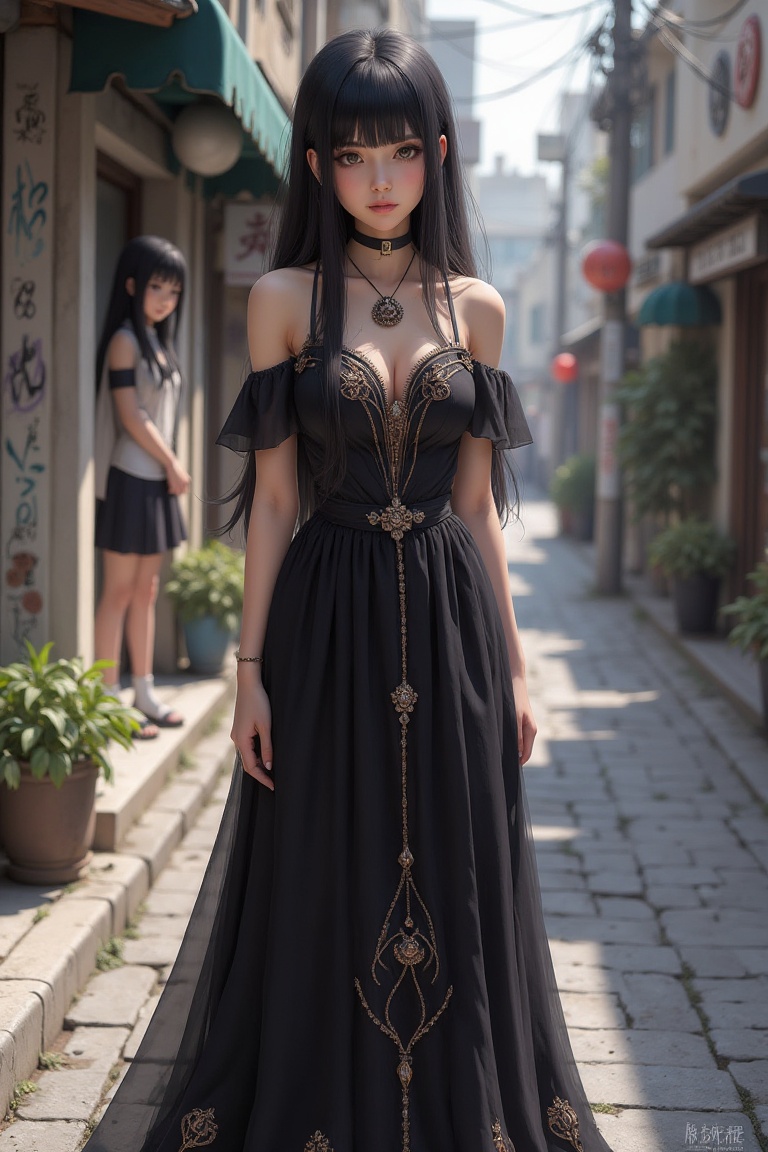 A beautiful girl stands on a realistic urban street wearing an elegant black dress with intricate rose gold embellishments...