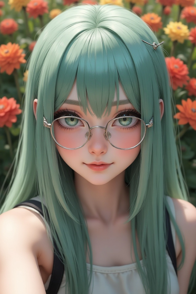 A beautiful girl with very long light green hair and bangs,  pale skin,  and sharp gray eyes poses for a selfie with a war...