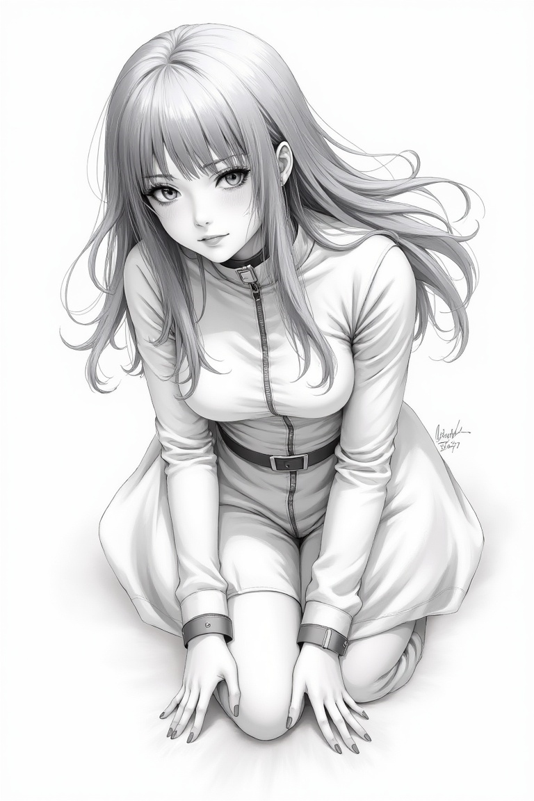 A detailed pencil drawing sketch of an anime character in dynamic pose,  captured mid-action with expressive features and...