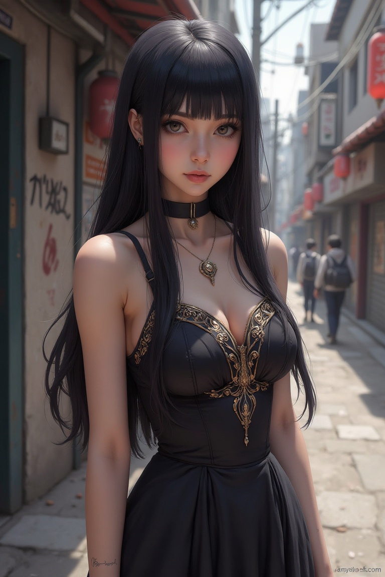 A beautiful girl stands on a realistic urban street wearing an elegant black dress with intricate rose gold embellishments...