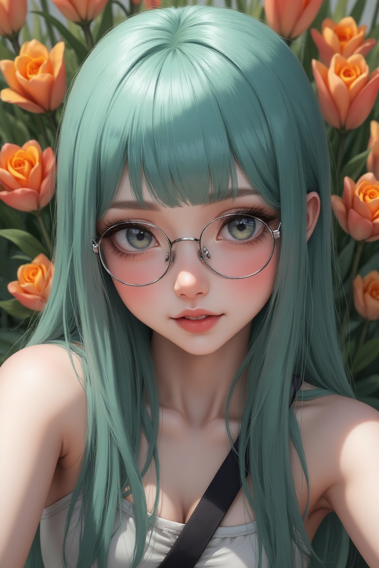 A beautiful girl with very long light green hair and bangs,  pale skin,  and sharp gray eyes poses for a selfie with a war...