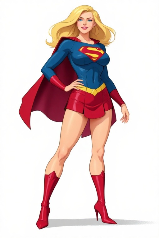 bruce_timm_style,  a female superhero in Bruce Timm art style,  wearing a blue top with red and yellow "S" symbol on Tenso...