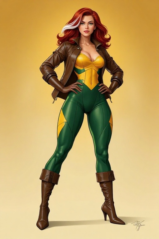 cinematic style,  bruce_timm_style,  female superhero as rogue in a skintight yellow and green suit on Tensor.Art