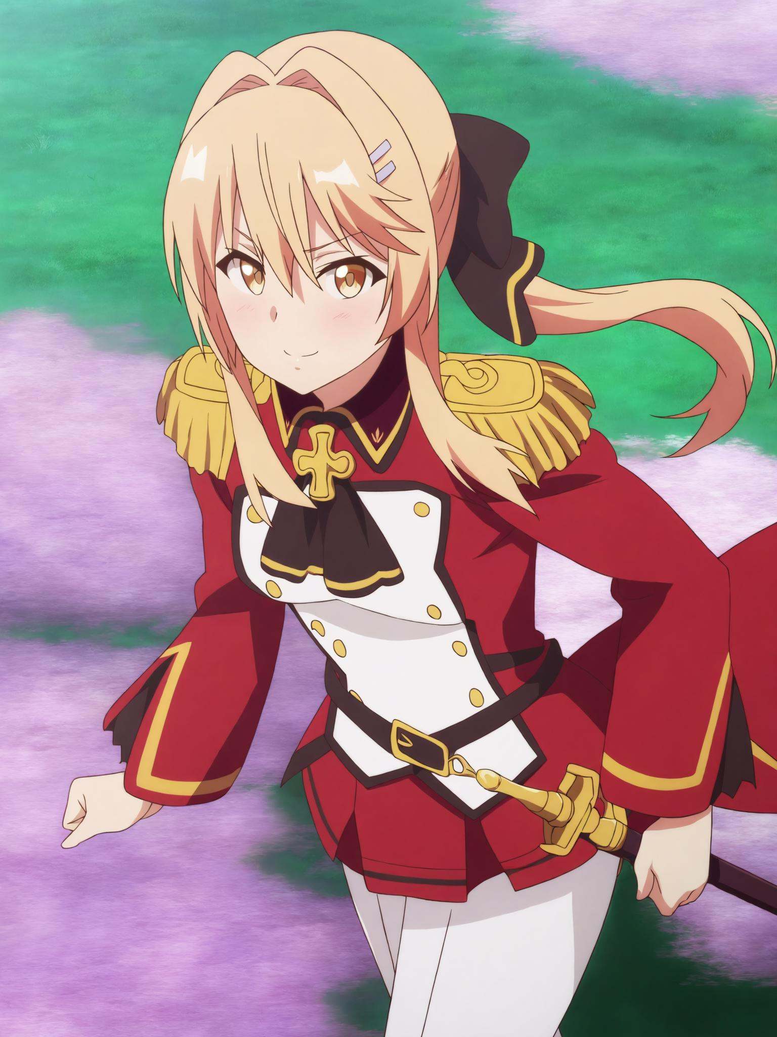 15_Liscia_MilitaryUniform,  long Blonde hair tied to ponytail,  hair between eyes on Tensor.Art