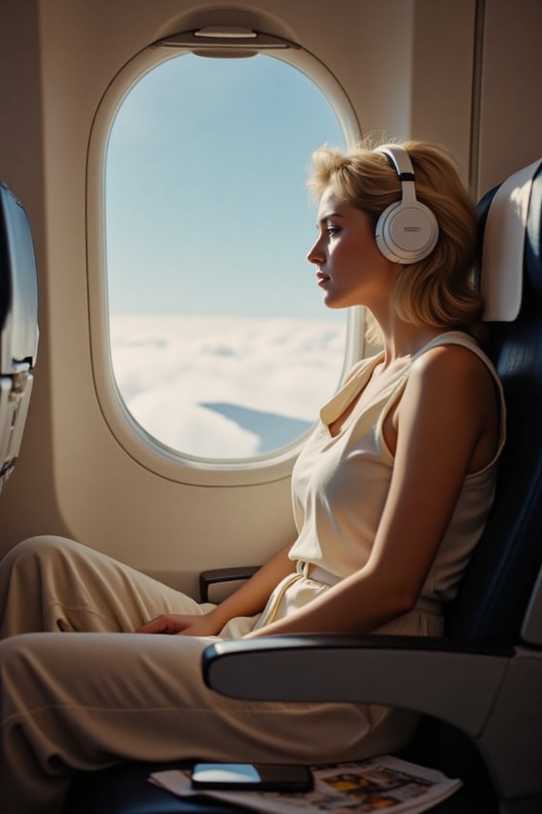 a beautiful young blonde woman sitting by the window in an airplane cabin,  wearing a light and stylish summer outfit — a...