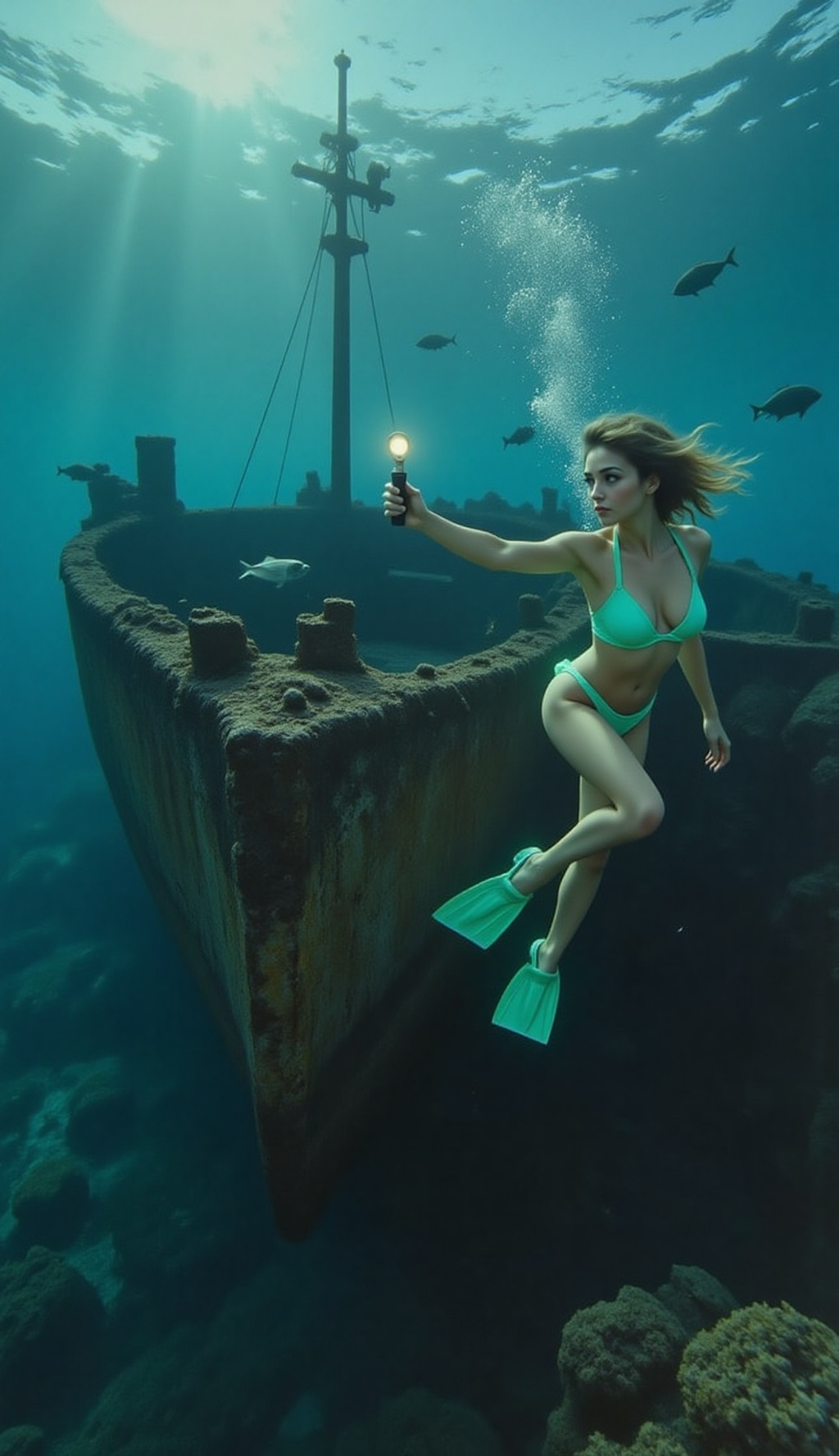 a beautiful woman snorkeling near a sunken rusty shipwreck,  wearing fins,  neon cyan micro skimpy two-piece swimsuit on T...