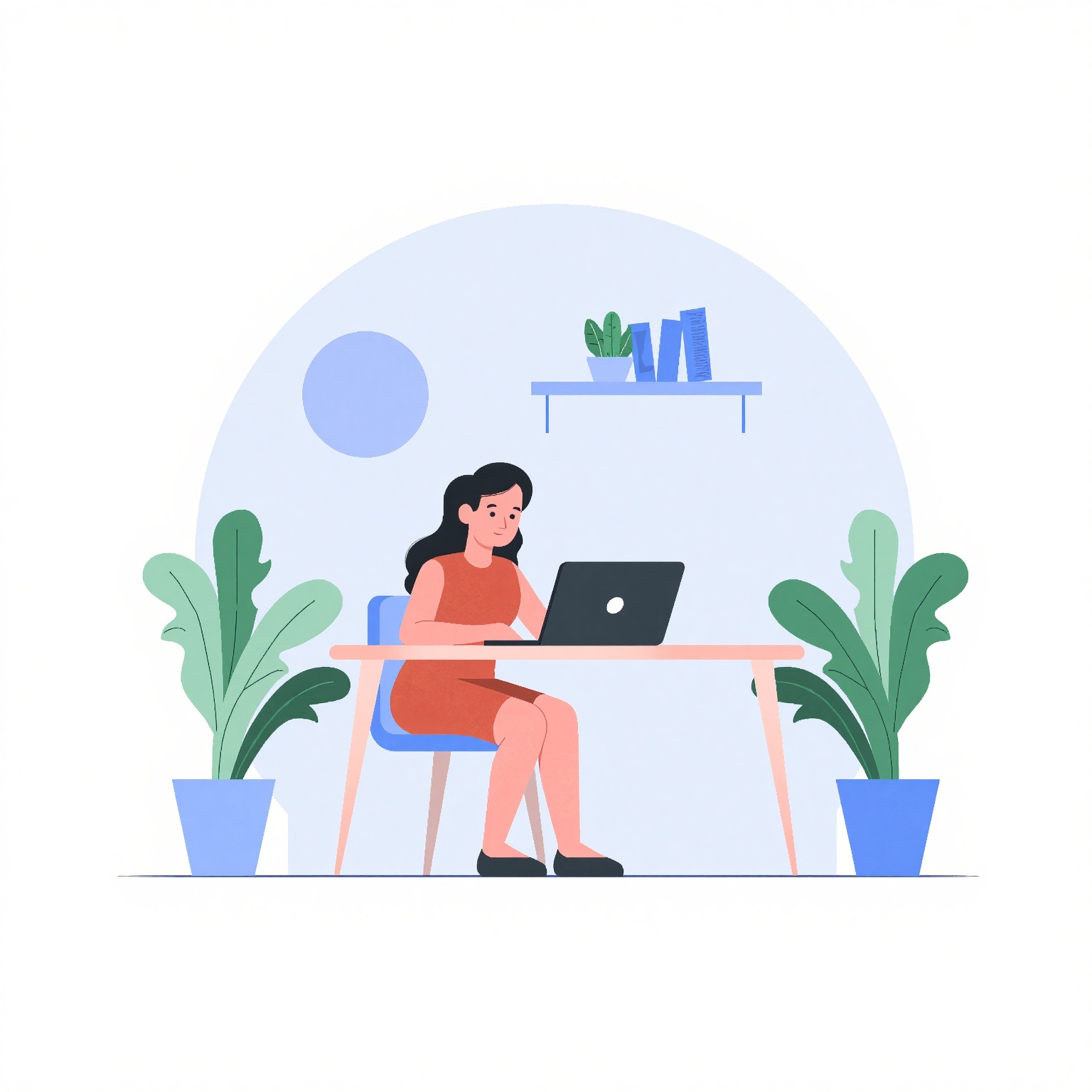 Flat Illustration,  A minimalist digital illustration of a woman working from home. The woman is sitting at a modern,  lig...