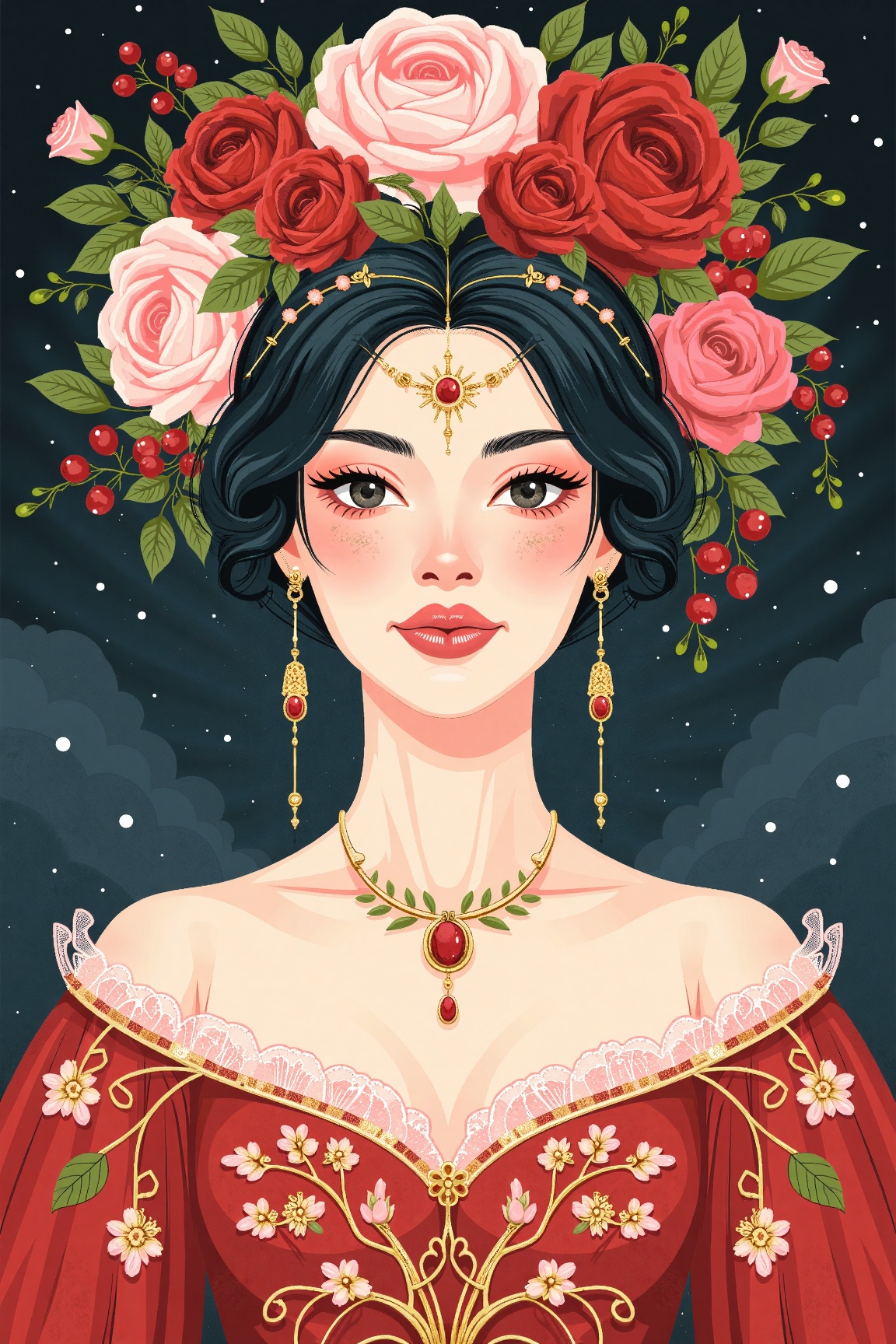 Flat Illustration,  A stunning fantasy portrait of a regal young woman with porcelain-pale skin,  surrounded by a lavish f...