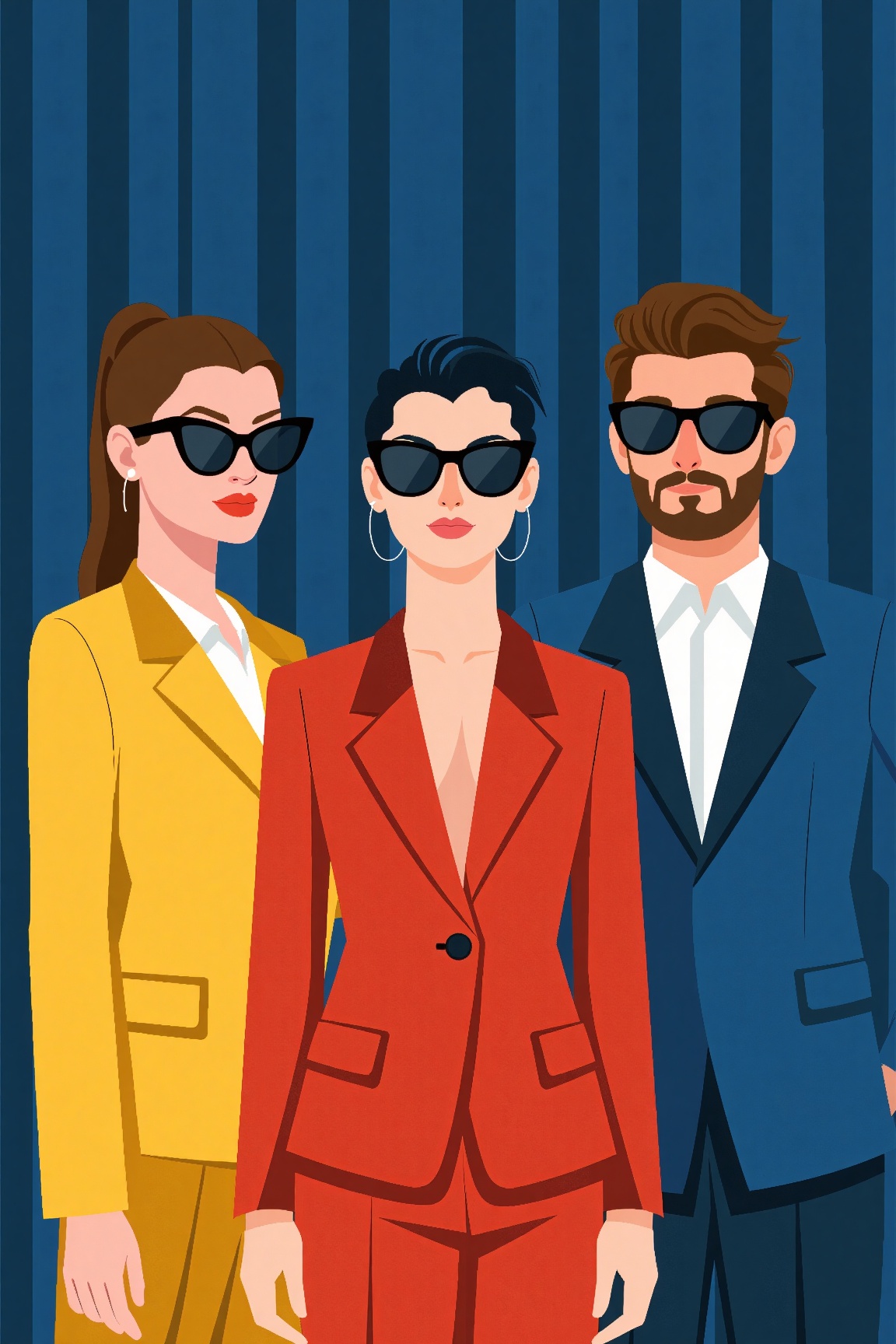 Flat Illustration,  A stylish and fashionable trio poses against a deep blue curtain backdrop,  exuding confidence and ele...