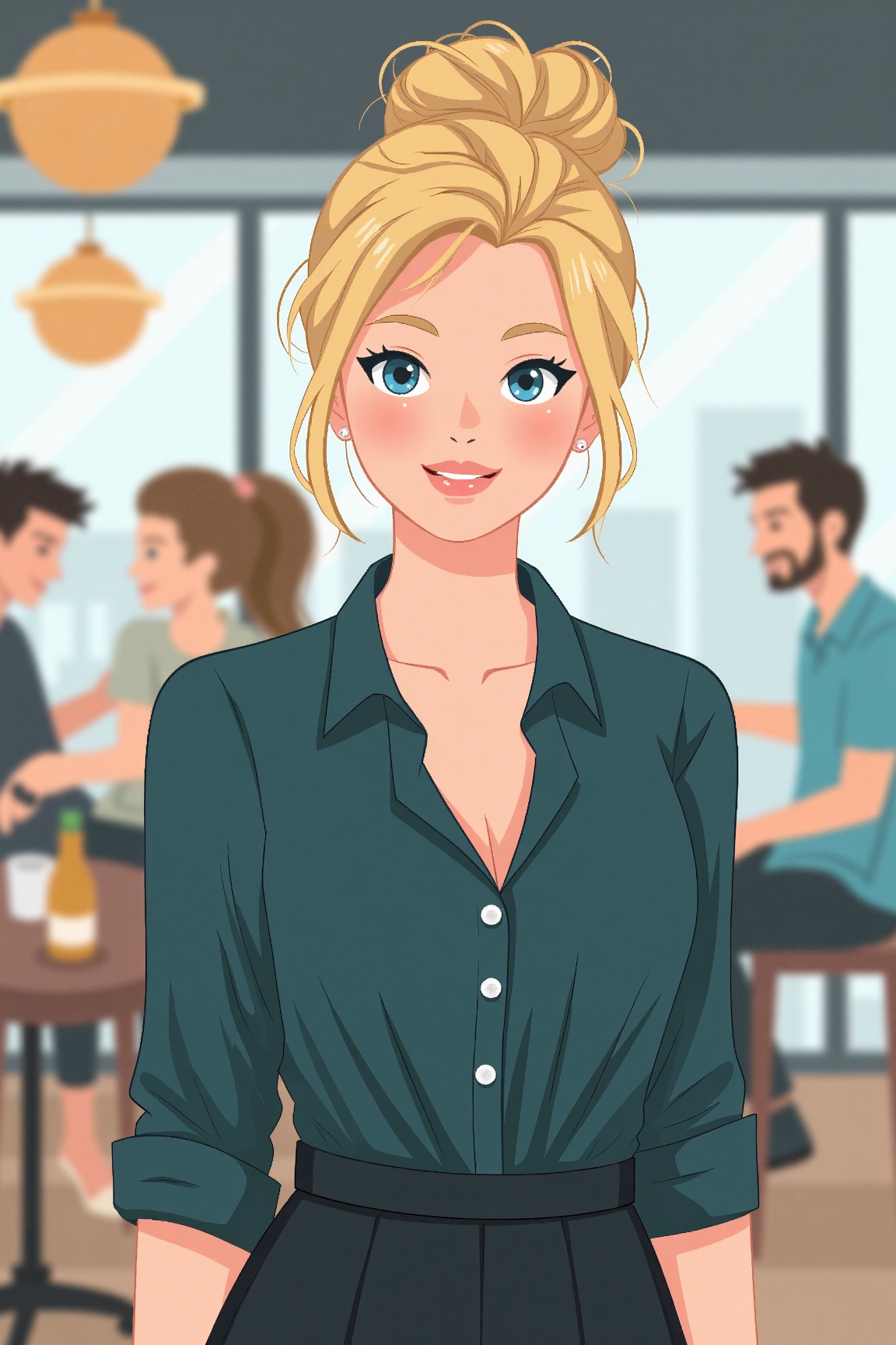 Flat Illustration,  Young woman with fair skin and blonde hair,  styled in a messy bun with loose strands framing her face...
