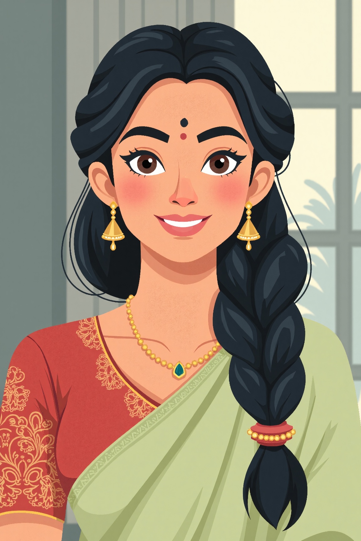 Flat Illustration,  A breathtaking portrait of a young Indian woman with a warm,  radiant smile on Tensor.Art