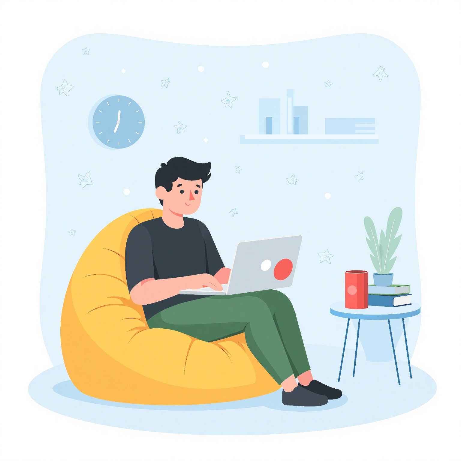 Flat Illustration,  A digital illustration of a person sitting in a yellow bean bag chair,  wearing a black shirt and gree...