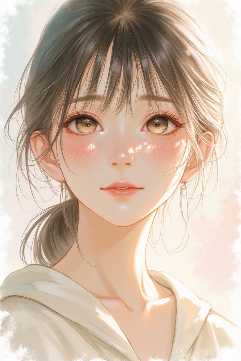 A woman with dreamy eyes gazing softly,  styled in the blended artistry of TSUMI,  HIDEO on Tensor.Art