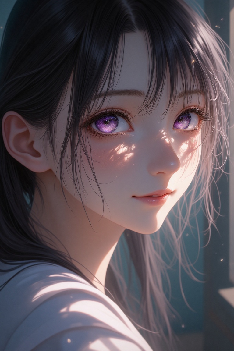 A portrait of a woman with dreamy eyes gazing softly,  styled in Tsumi Koto's artistry. The shot frames her face closely,...
