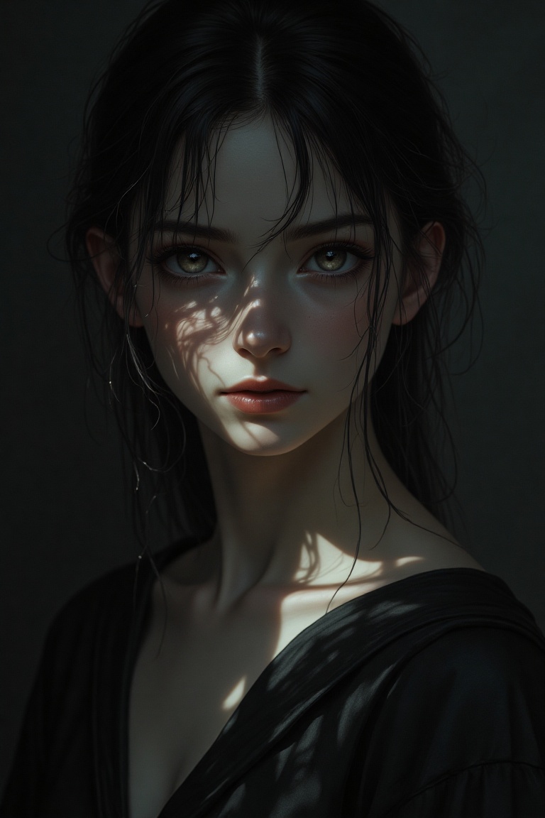 A woman in Tsumi Koto’s art style,  set in a dark atmosphere. The shot frames her face and upper body,  with dramatic ligh...