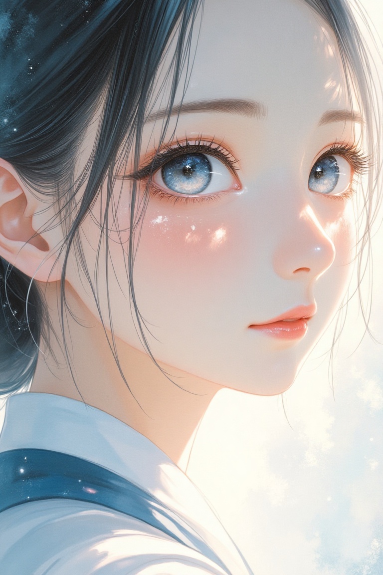 A Chinese woman with dreamy blue eyes gazing softly,  styled in the fusion of TSUMI,  HIDEO on Tensor.Art