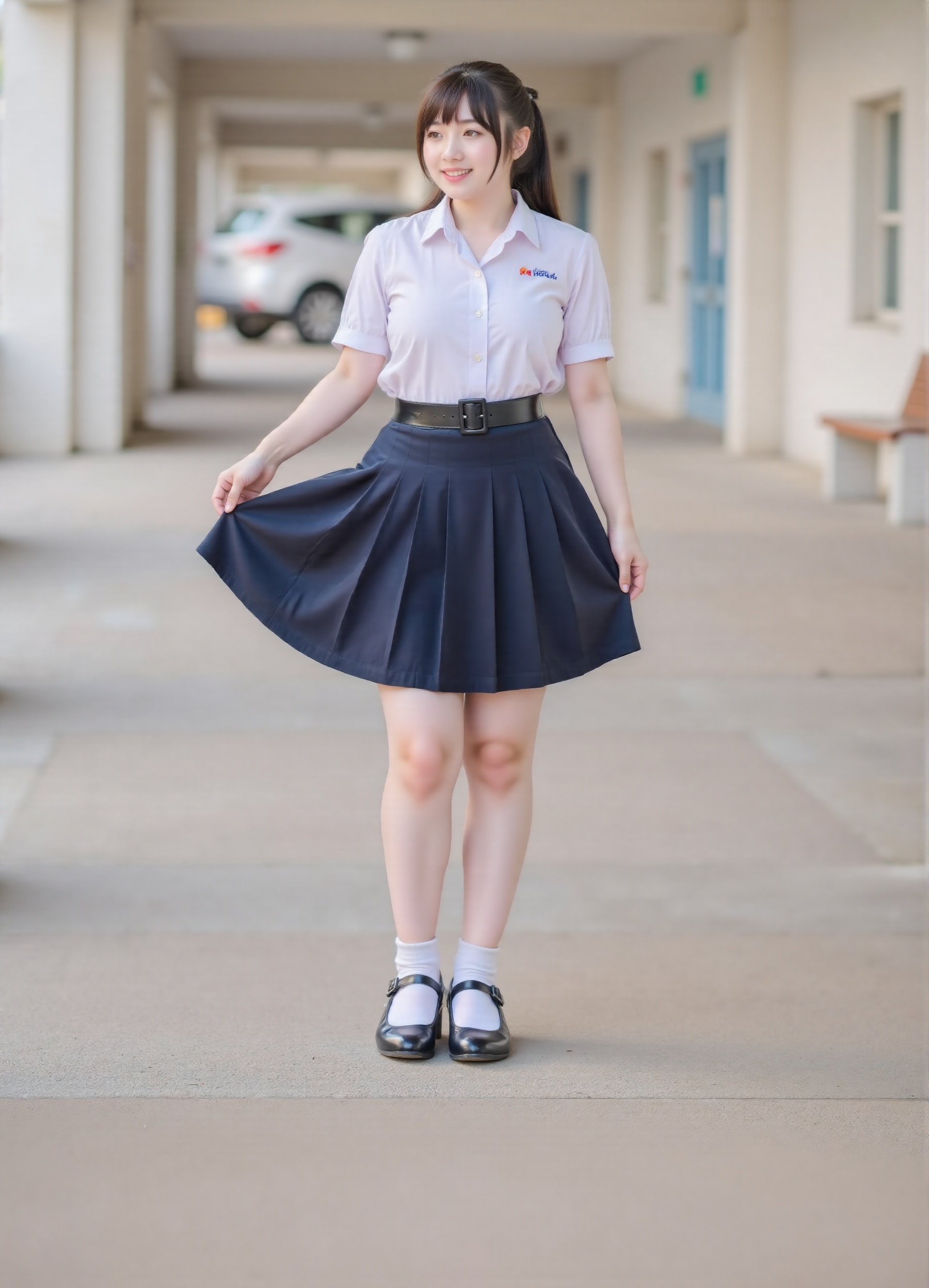 Full shot of a young girl standing in a covered walkway. very long dark hair with bangs. She is wearing a white button-dow...