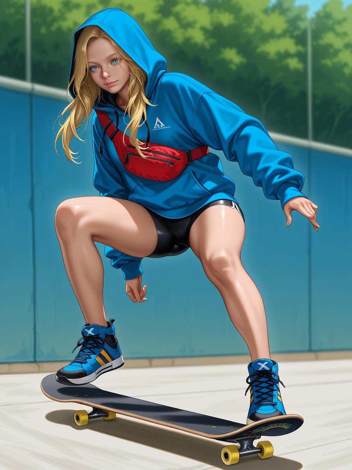 xdianaxskate parkblonde hair,  blue eyesrealistichoodie,  hood up on Tensor.Art
