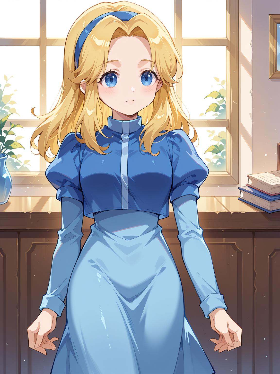 mariarobotnikblonde hair,  blue dress on Tensor.Art