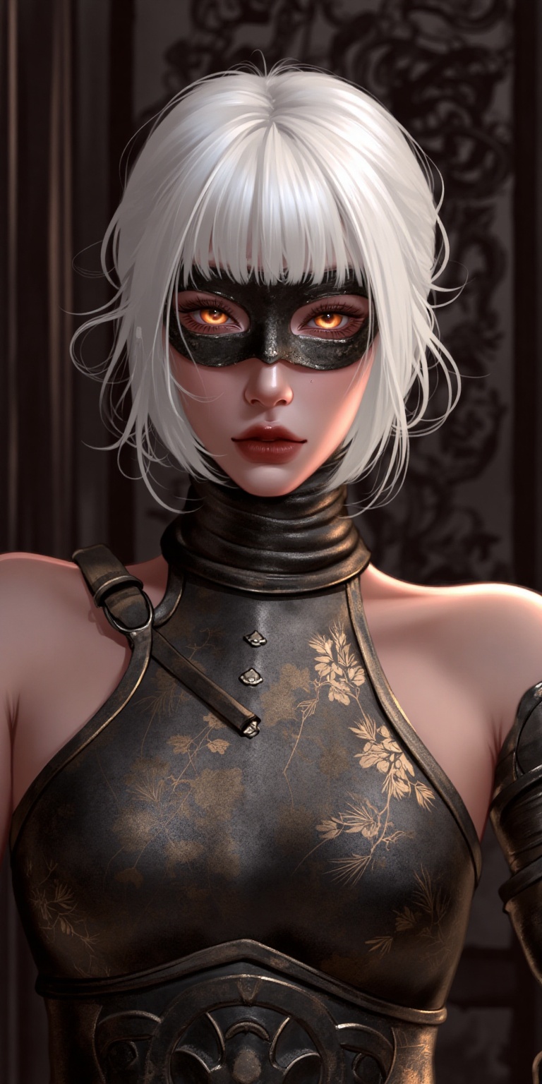 A majestic woman dons ancient armor,  her stark white hair a striking contrast to the gleaming metal,  amidst a backdrop o...