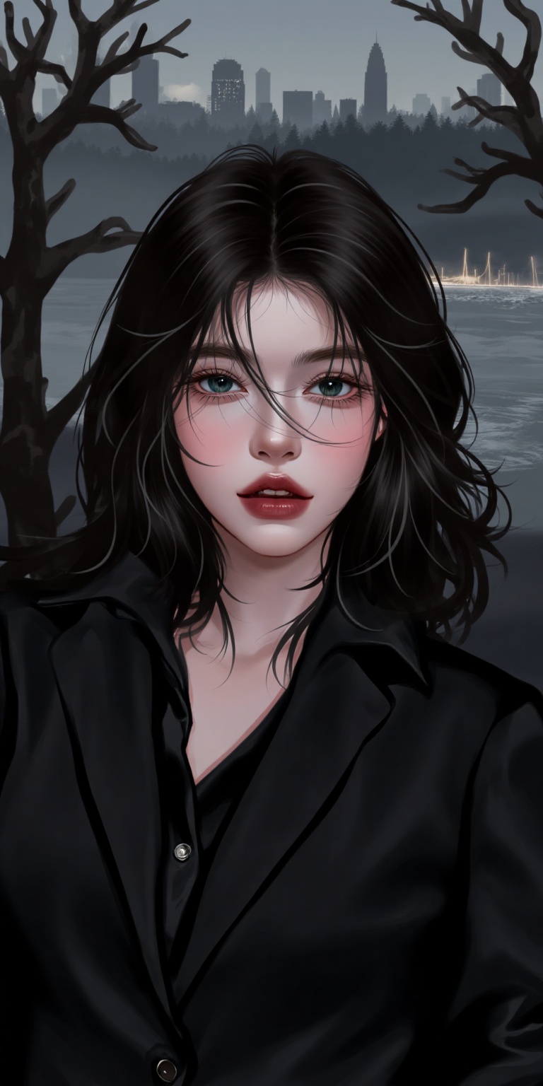A regal woman dominates the frame,  her piercing blue eyes radiating a captivating blend of ire and amusement as she confr...