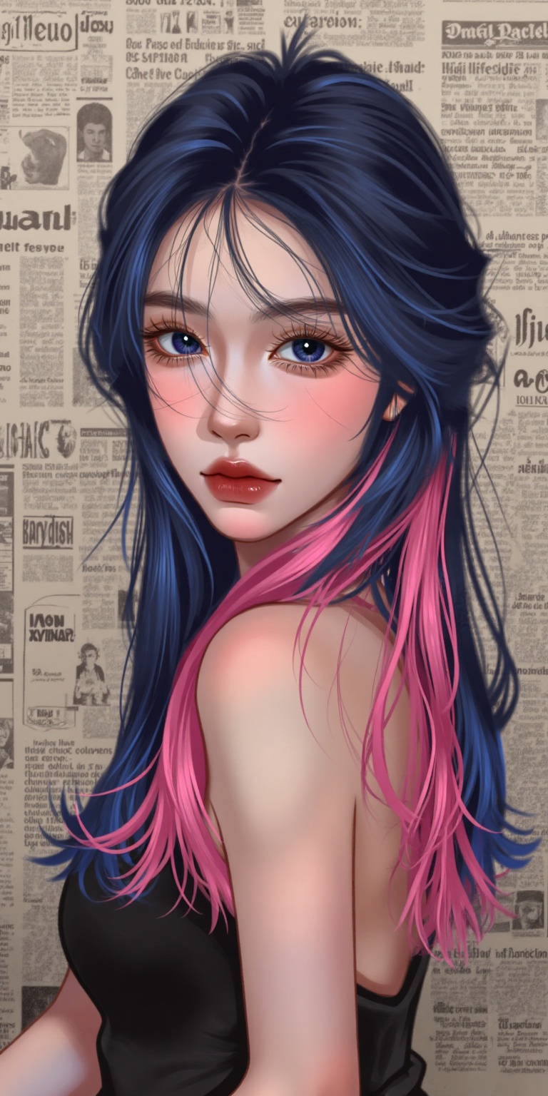 A woman with an explosion of blue and pink hair,  featuring intricate double braids and flowing long strands,  styled in a...
