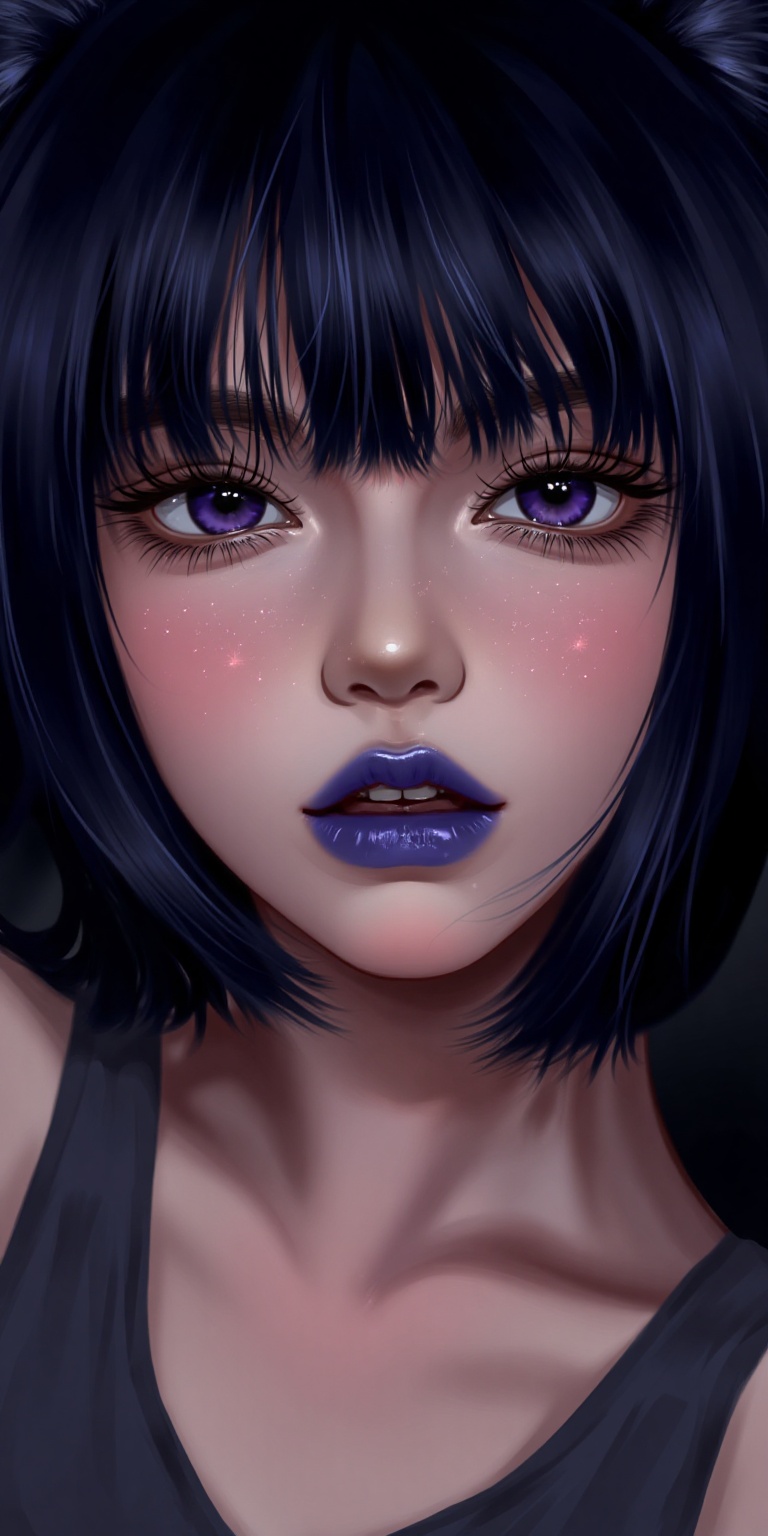 Close-up shot of a captivating young woman with sparkling violet eyes that seem to gleam in the dimly lit atmosphere. Her...