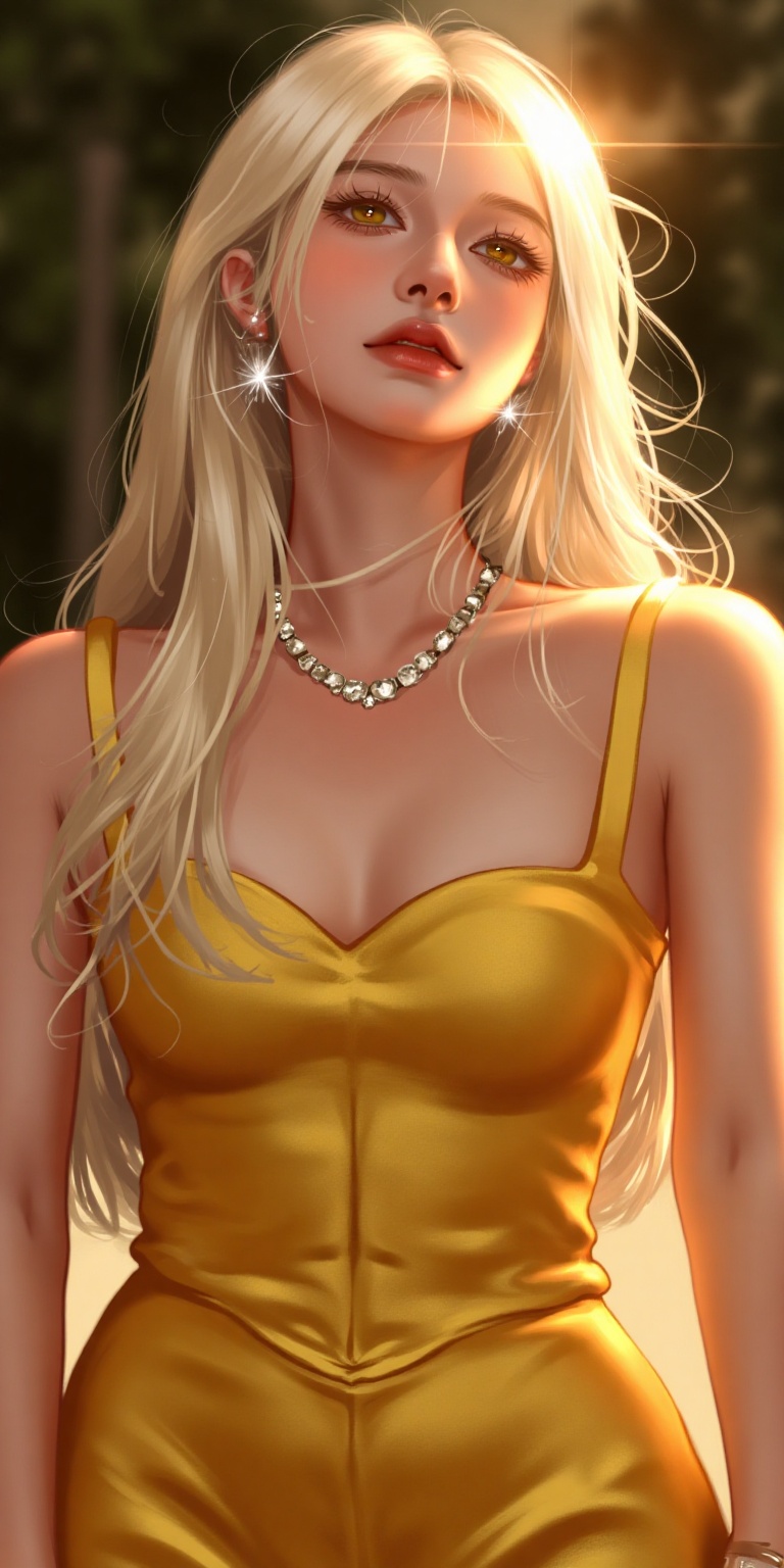 A mystical and enchanting scene unfolds: Wang Yushan,  as Tifa Lockhart from Final Fantasy VII,  stands tall in a golden d...
