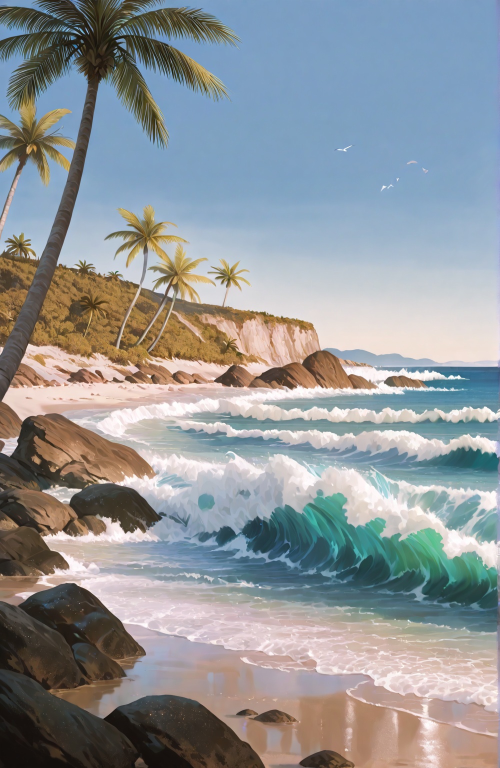 A full scenery beachside scene in embroidery style,  featuring flowy palm trees,  waves gently hitting the beach and rocks...