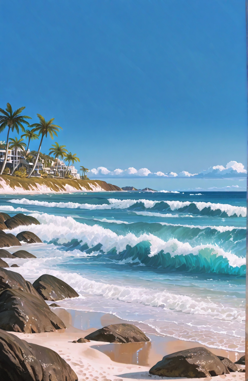A full scenery beachside scene in embroidery style,  featuring flowy palm trees,  waves gently hitting the beach and rocks...