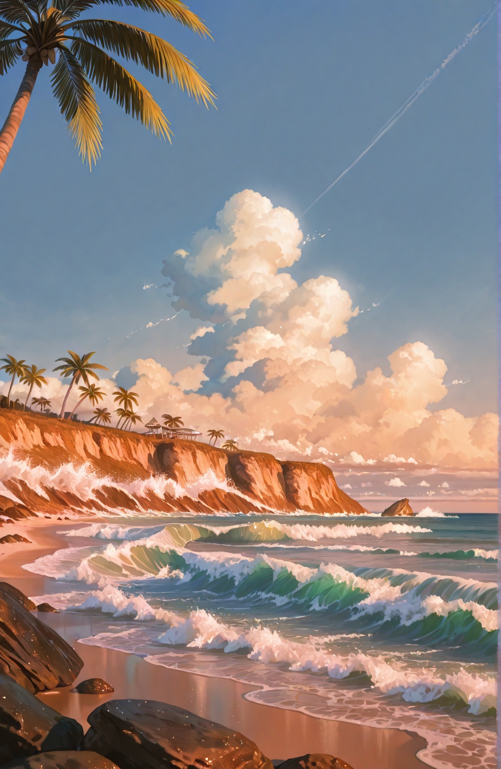 A full scenery beachside scene in embroidery style,  featuring flowy palm trees,  waves gently hitting the beach and rocks...