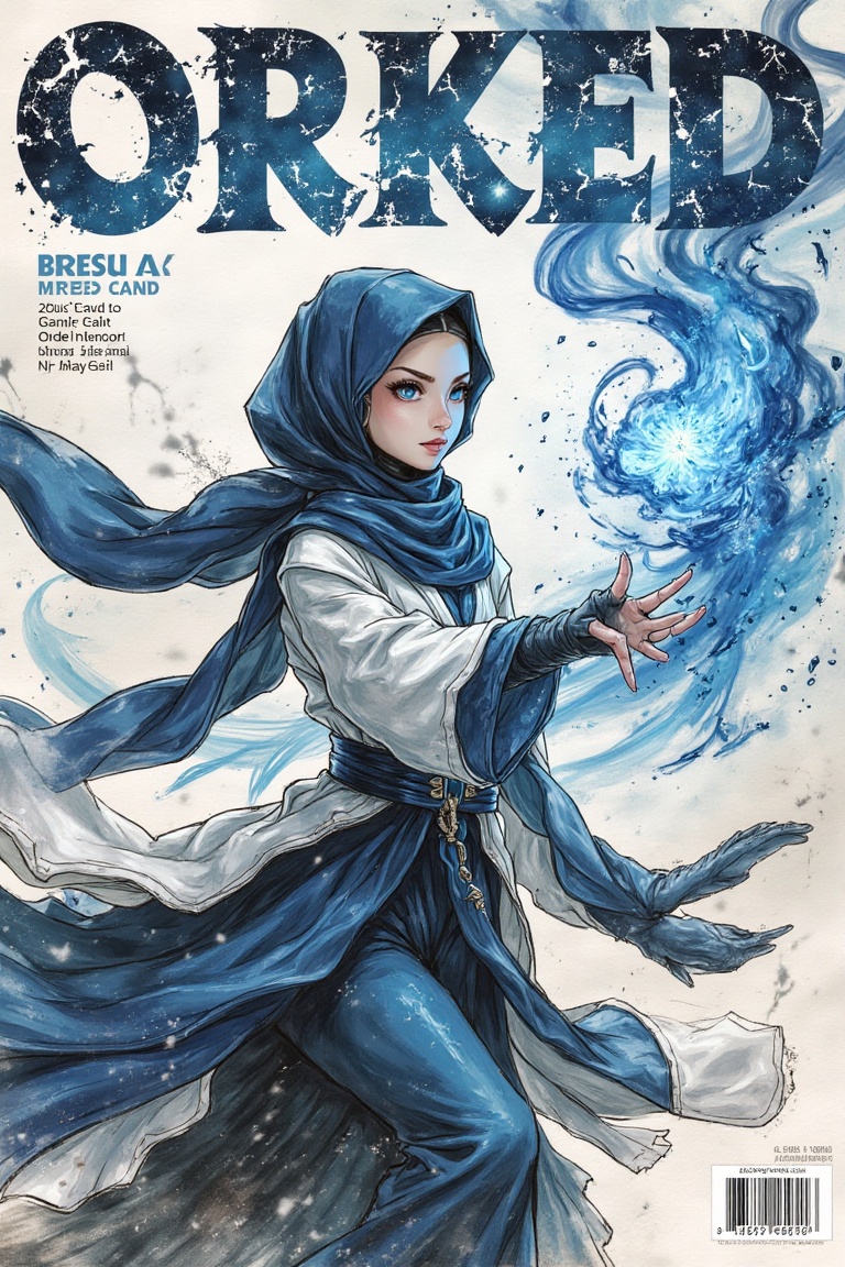 A magazine cover featuring a Malay female Onmyoji in dynamic spellcasting. Framed dynamically,  she wears blue and white c...