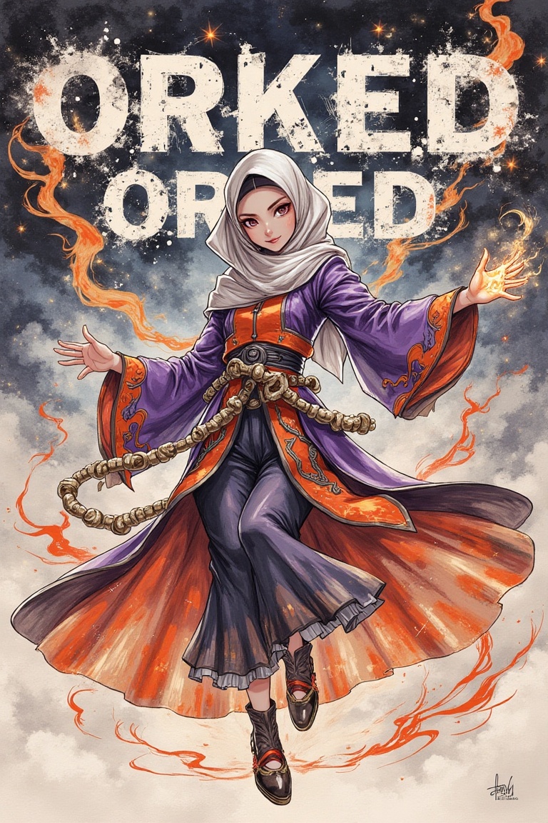 A vibrant magazine cover showcasing a Malay female Onmyoji in dynamic spellcasting action. Framed centrally,  she wears pu...