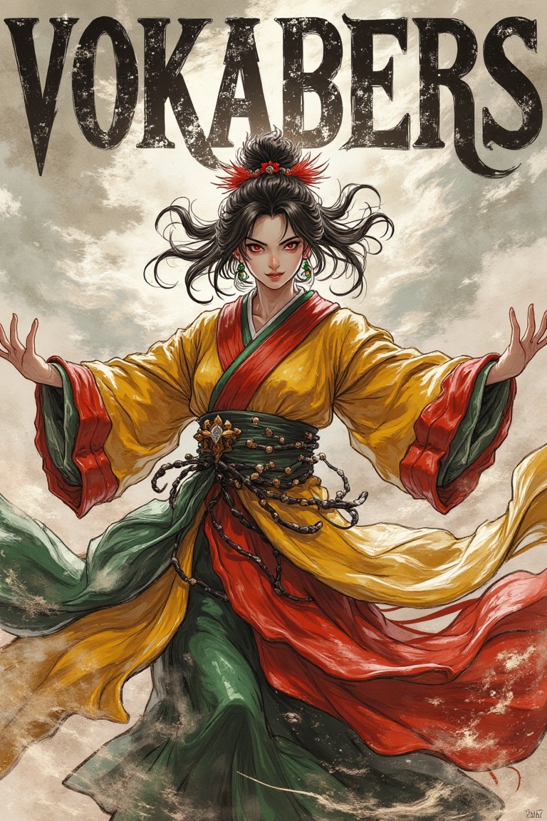 A dynamic magazine cover featuring a female Onmyoji spellcasting. The shot is framed close-up,  capturing her intense expr...