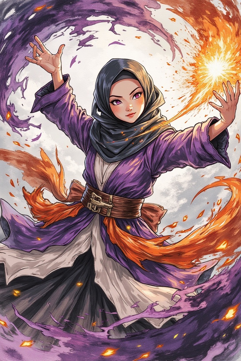 A vibrant magazine cover showcasing a Malay female Onmyoji in dynamic spellcasting action. Framed centrally,  she wears pu...