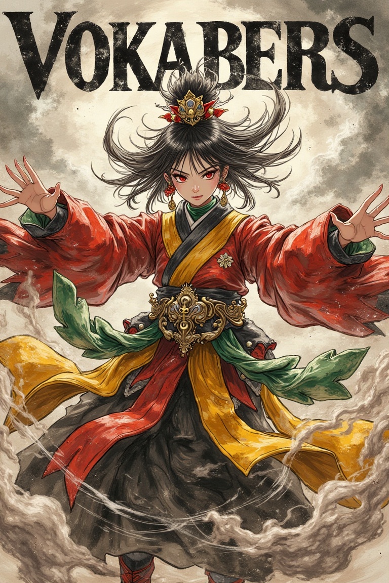 A dynamic magazine cover featuring a female Onmyoji spellcasting. The shot is framed close-up,  capturing her intense expr...