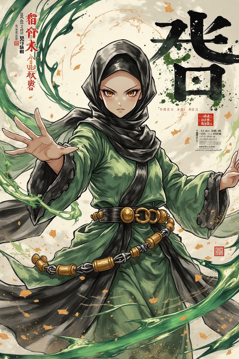 A magazine cover showcasing a female Onmyoji in dynamic spellcasting action. Framed centrally,  she wears green and black...