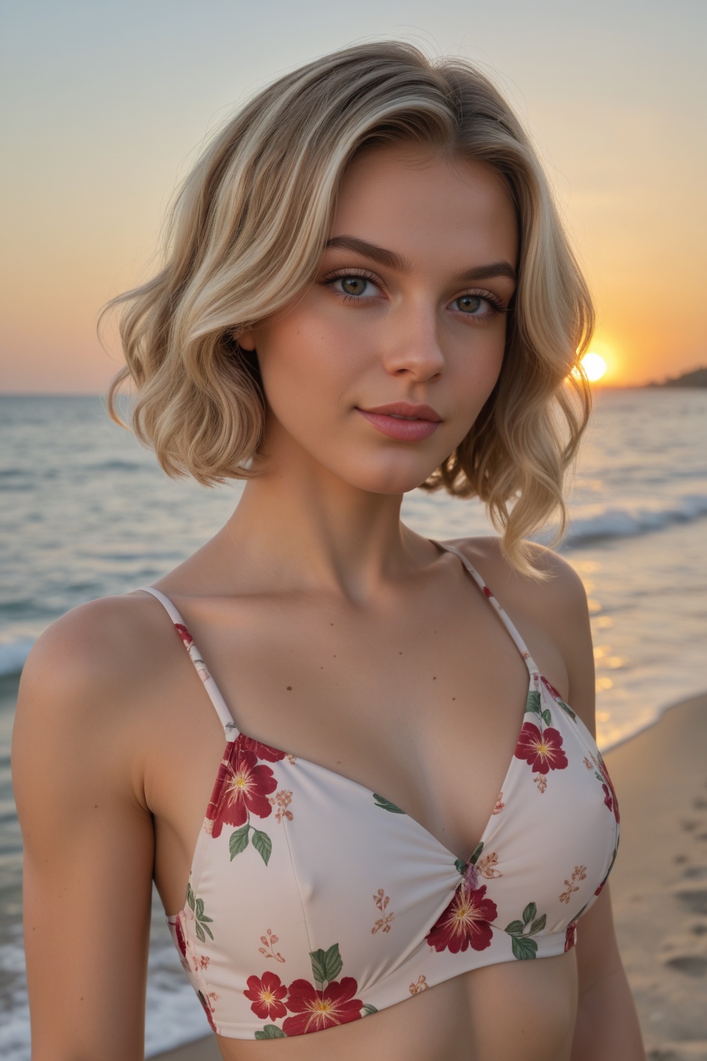 A professional portrait photo of woman,  upper body shot,  light brown wavy short hair with blonde highlights on Tensor.Art
