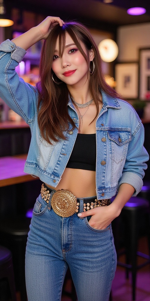 Japanese woman wearing cropped light blue denim jacket and tight light blue jeans,  19 years old,  punk girl belt on Tenso...