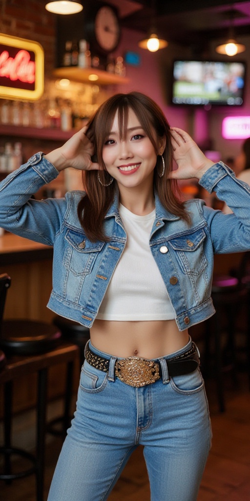 Japanese woman wearing cropped light blue denim jacket and tight light blue jeans,  19 years old,  punk girl fashionist be...