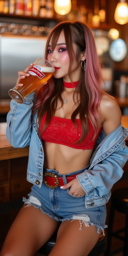 Sexy japanese girl wearing 80s Levi's loose jeans middle blue color,  light blue acid wash 80s Levi's denim jacket,  red f...
