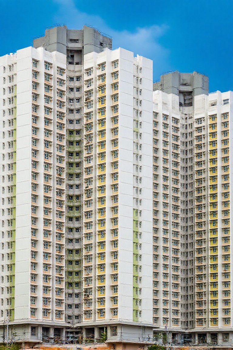 Photographed on a cloudy day,  a modern multi-story building stands tall and decorated with various windows. The building'...