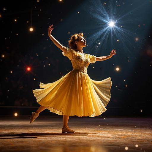 Milena,  26,  dança como um felino sob a Estrela XVII em um palco barroco transformado em cosmos. Usa um vestido amarelo d...
