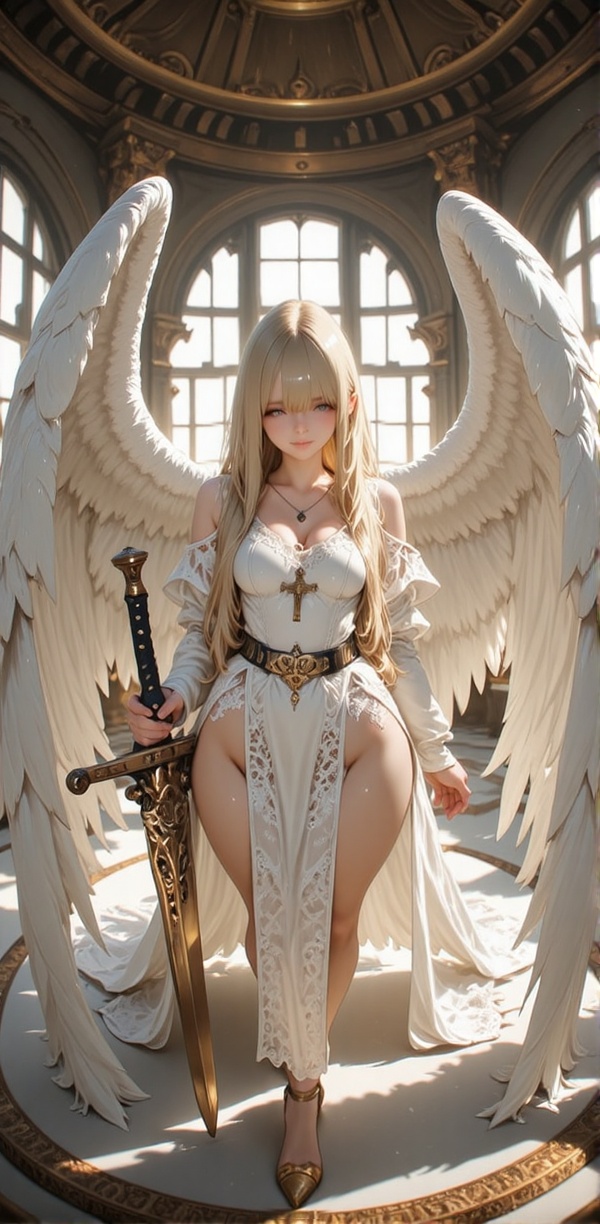 The image depicts a character with long,  blonde hair and large,  white wings standing in a room with a high ceiling and o...