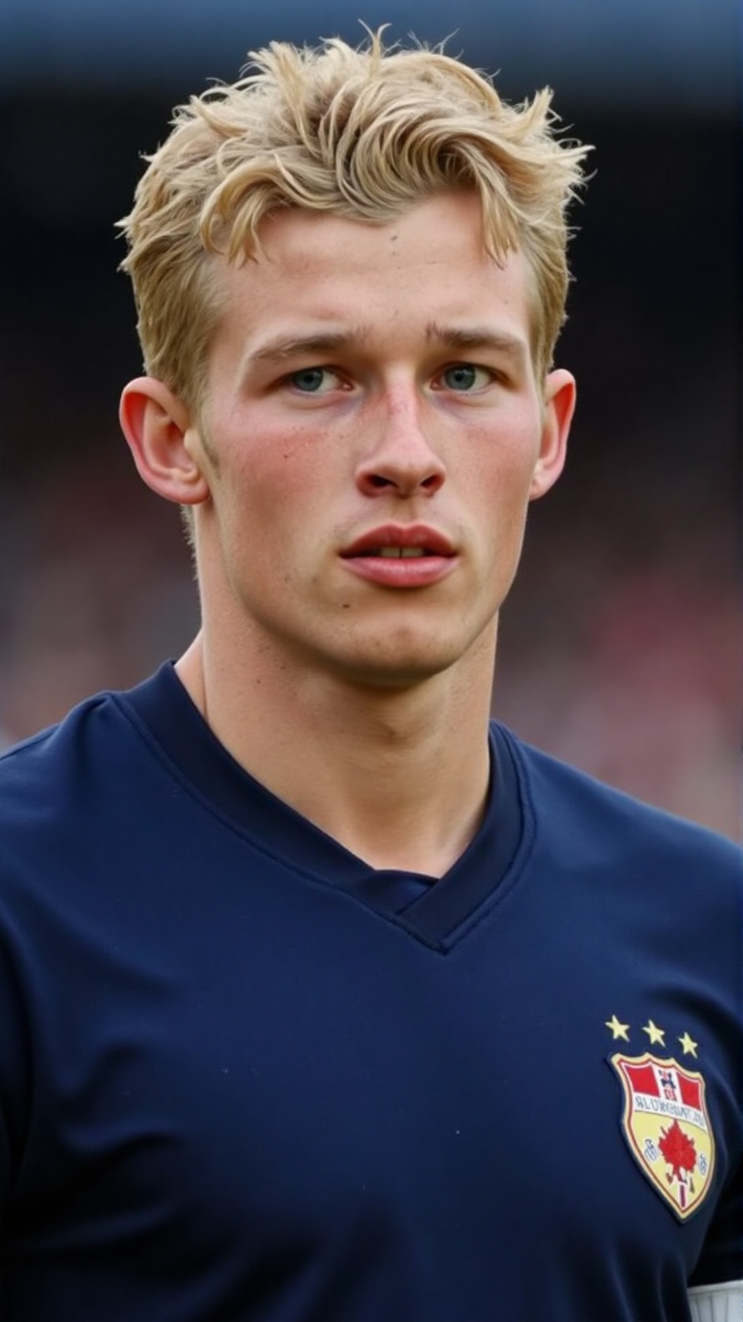 a 2000s paparazzi photo of a 18 years old handsome young man,  he is wearing a tight dark blue soccer jersey. He is very a...